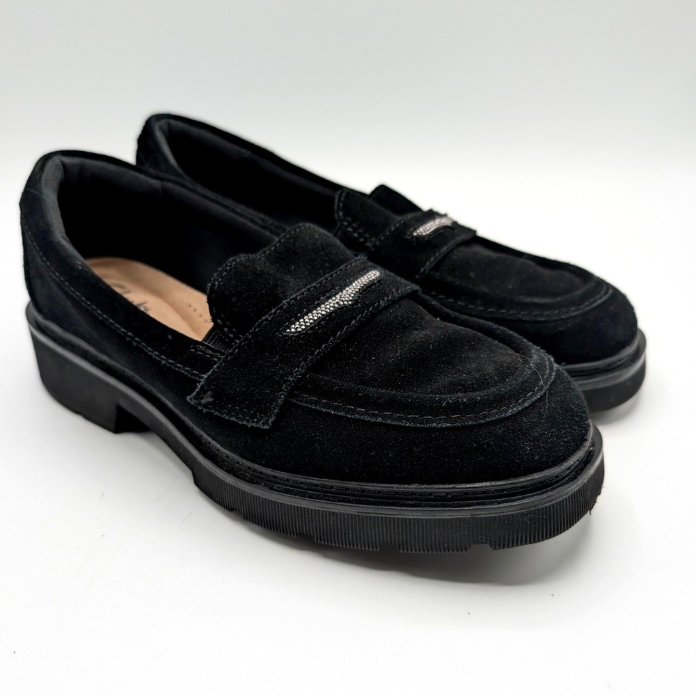 Clarks Womens 7.5 Black Suede Lug Sole Penny Loafers Chunky Metallic Preppy Y2K